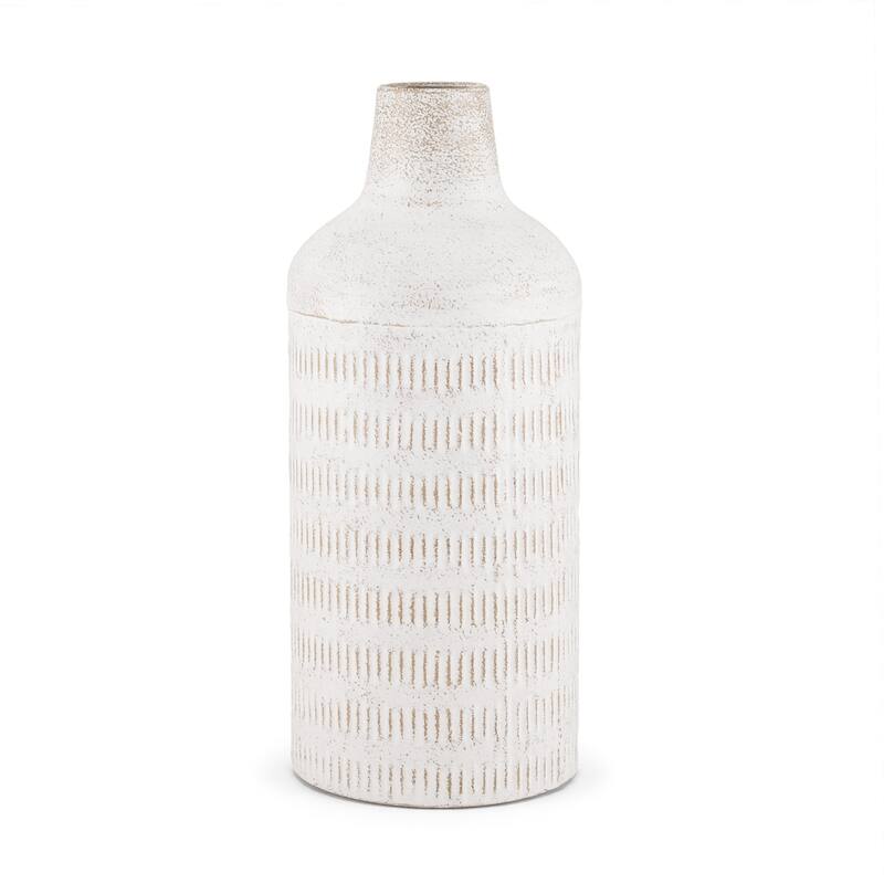14" Off White And Natural Geometric Metal Cylinder Table Vase - 5.91