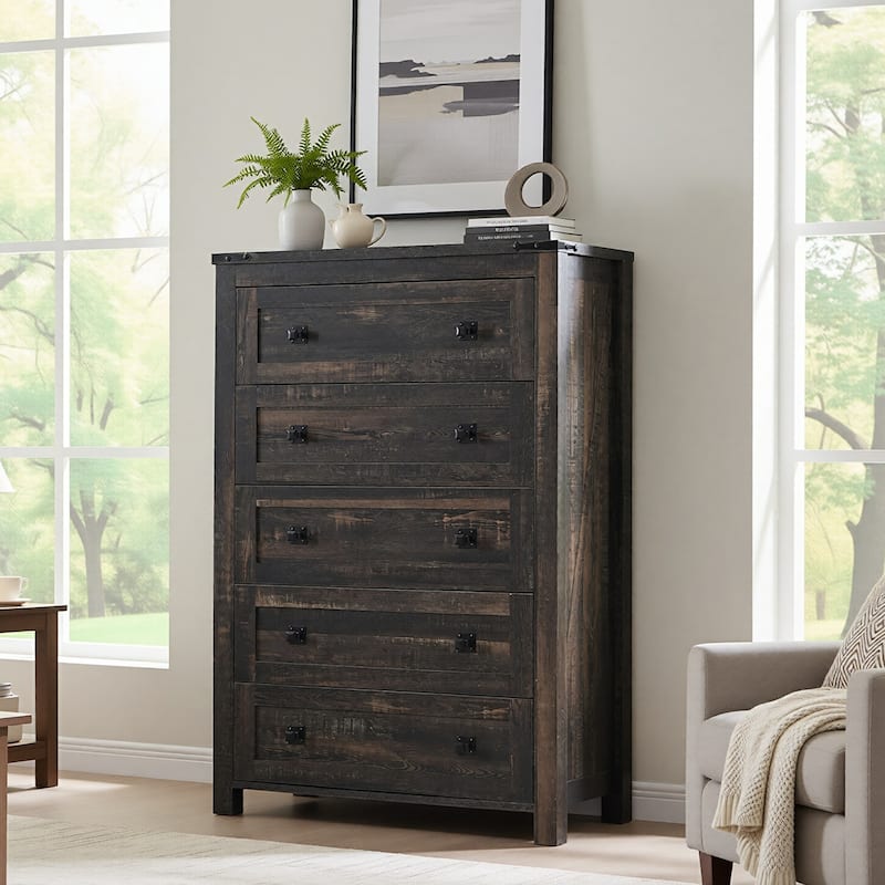 Wood 5 Drawers Dresser, Rustic Chest of Drawers for Bedroom - Black