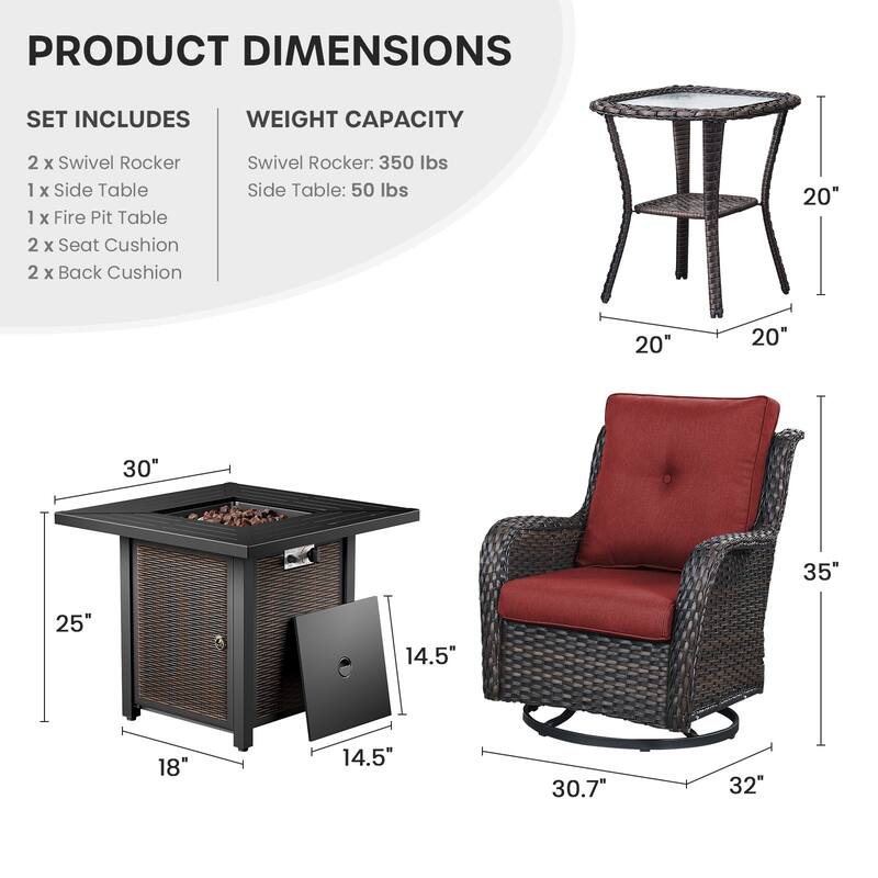 Gymojoy 4-Piece Outdoor Fire Pit Set with 2 Swivel Chairs & Side Table for Patio, Deck, Garden