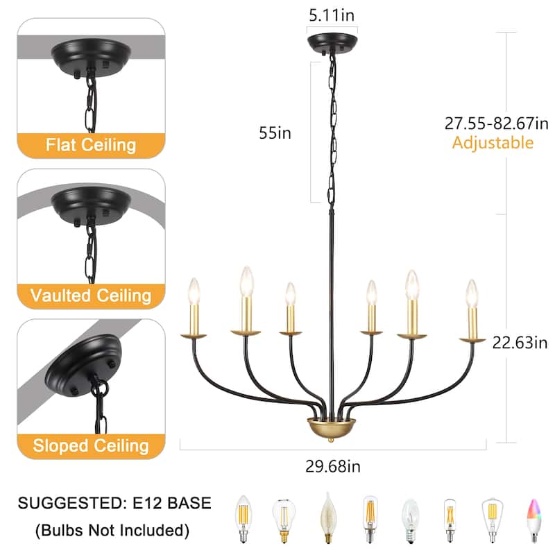 6-Light Modern Farmhouse Chandelier, Metal Candle Style Chandelier for Dining Room Living Room Bedroom Kitchen