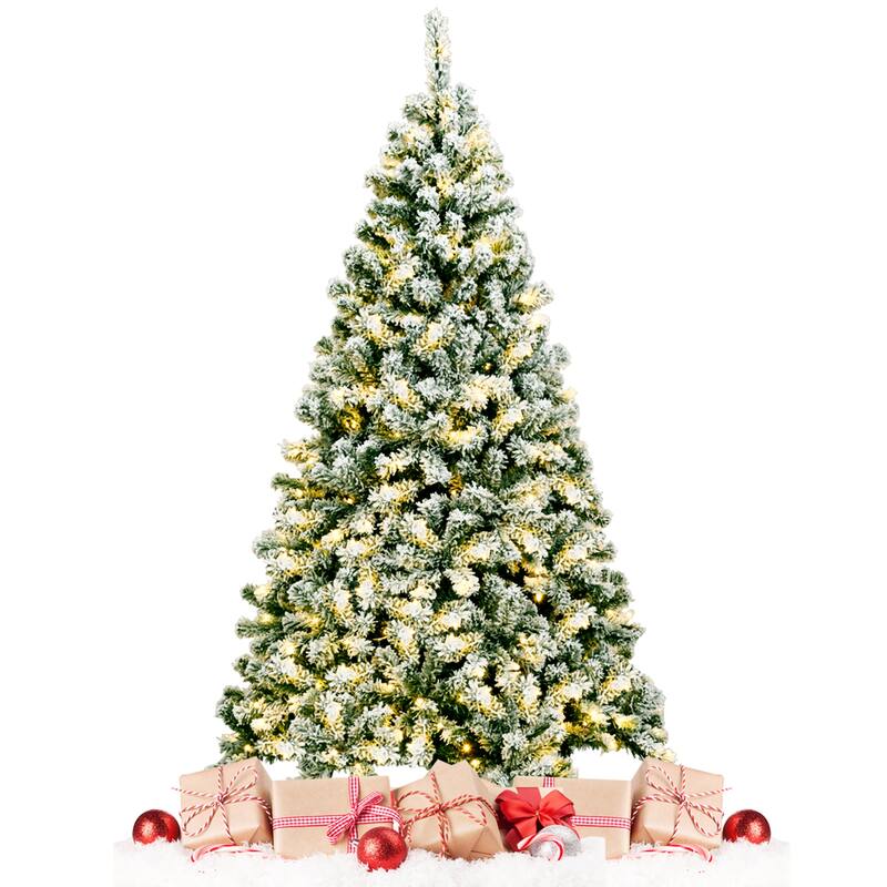 Gymax 6ft Pre-lit Snow Flocked Christmas Tree Hinged Pine Tree Holiday - See Details