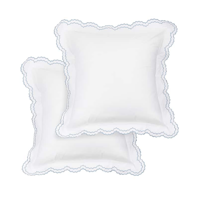 Embroidered Percale Crisp Cotton Double Scallopier Duvet Set and Sham - Blue Euro Set - Full - 2 Piece