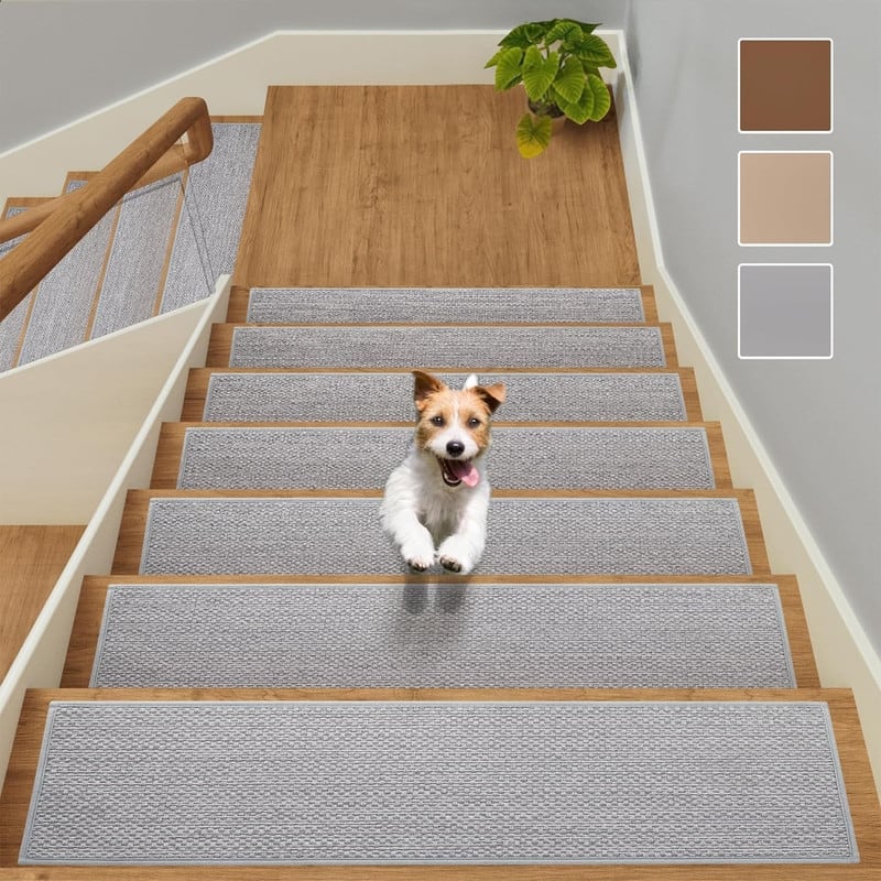 15pcs Upgraded Self Adhesive Backing Non Slip Stair Carpets, Linen Stair Treads for Indoor 30x8 in - 6' x 7'