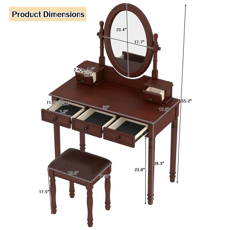 Vintage Vanity Desk with Adjustable Angle Mirror, Makeup Desk with 5 Drawers, Dressing Table Set with Cushioned Stool