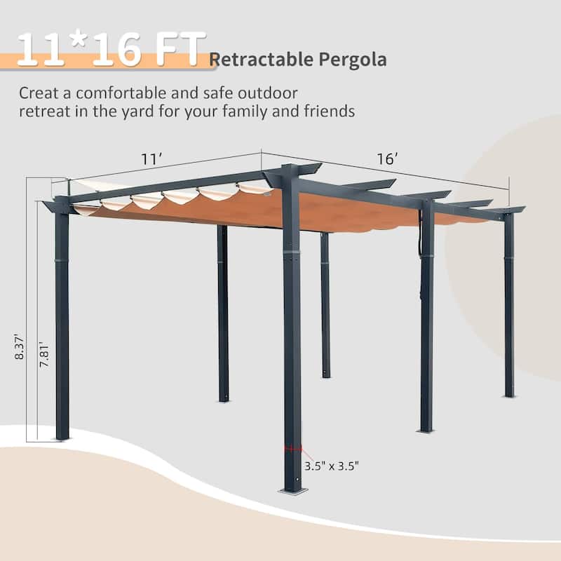 11 X 16 FT Outdoor Retractable Pergola with Weather-Resistant Canopy Aluminum Garden Pergola Patio Grill Gazebo for Courtyard