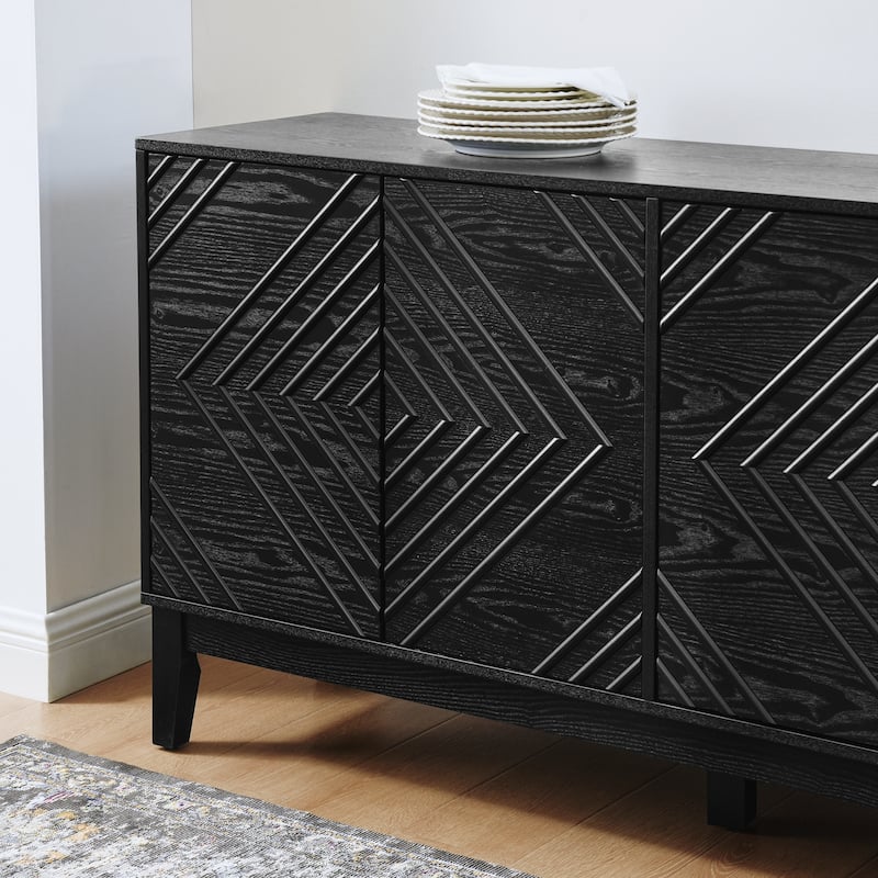Buffet Cabinet with Storage, Farmhouse Fluted Sideboard with Geometric Pattern & Adjustable Shelves