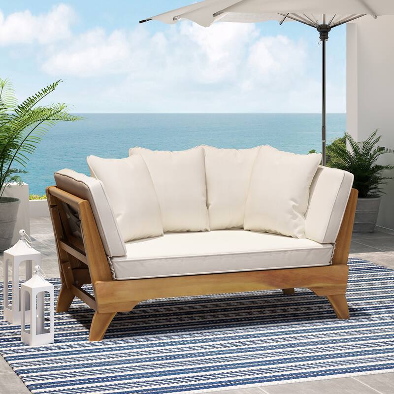 Expandable Daybed with Cushions, Outdoor Couch Acacia Wood Patio Couch with Adjustable Armrests