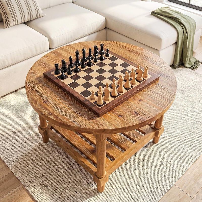 Round Coffee Tables for Living Room, 31.5" Solid Wood Farmhouse Circle Center Table - 31.5" W × 31.5" D × 19.69" H