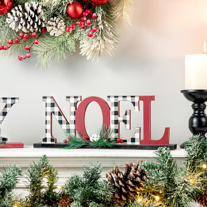 Glitzhome Christmas Wooden Plaid JOY NOEL Word Table Decor