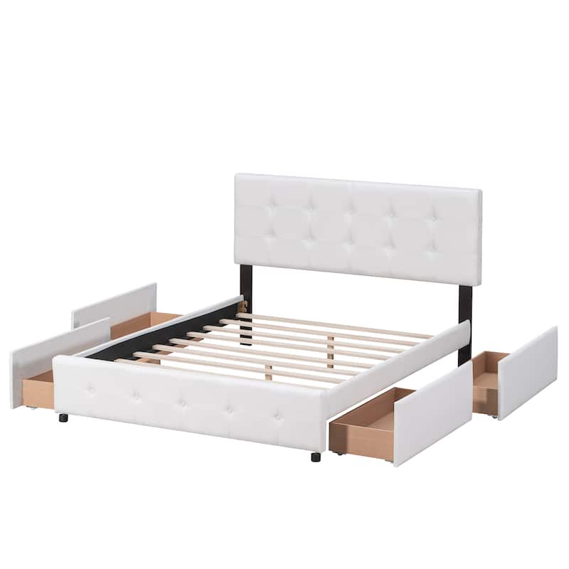 Upholstered Platform Bed with Classic Headboard - White