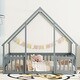 preview thumbnail 2 of 10, Grey Full Size Pine House-Shaped Floor Bed with Roof & Guardrails