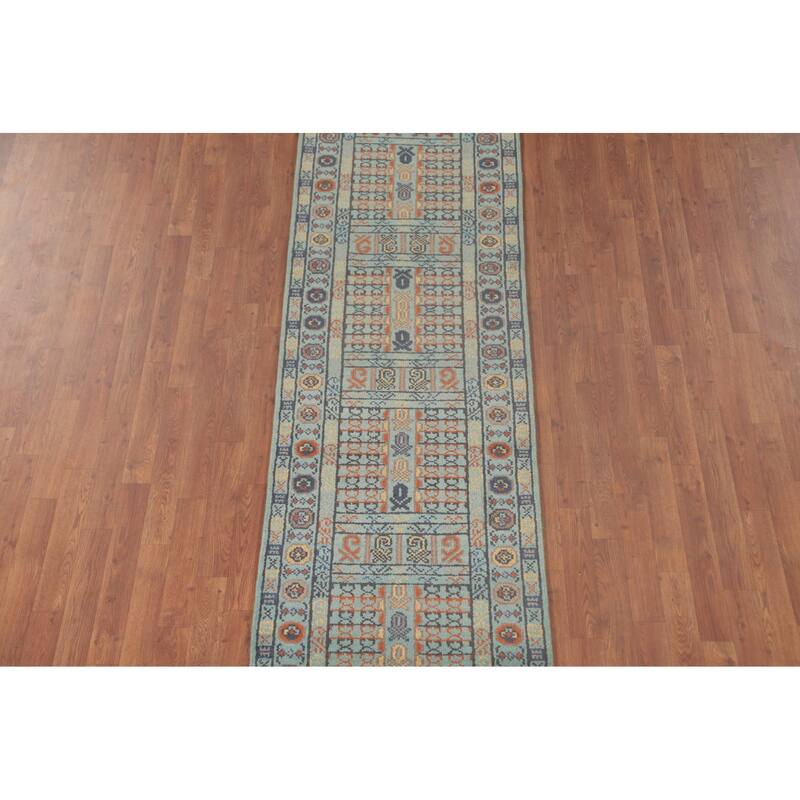 All-Over Blue Khotan Oriental Runner Rug Wool Carpet - 2'7"x 9'11"