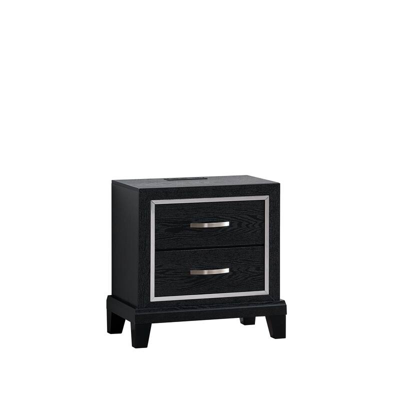 2 Drawer Nightstand with AC and USB Outlets, Black Finish