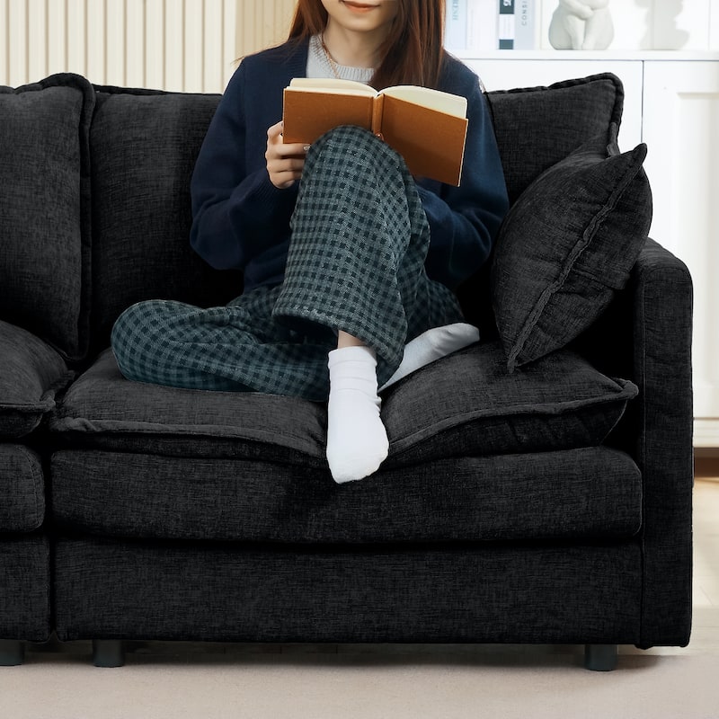 L Shaped Modular Sectional Sofa with Ottoman, Comfy Chenille Upholstered Cloud Couch, 4-Seat Deep Seat Sofa with Pillow