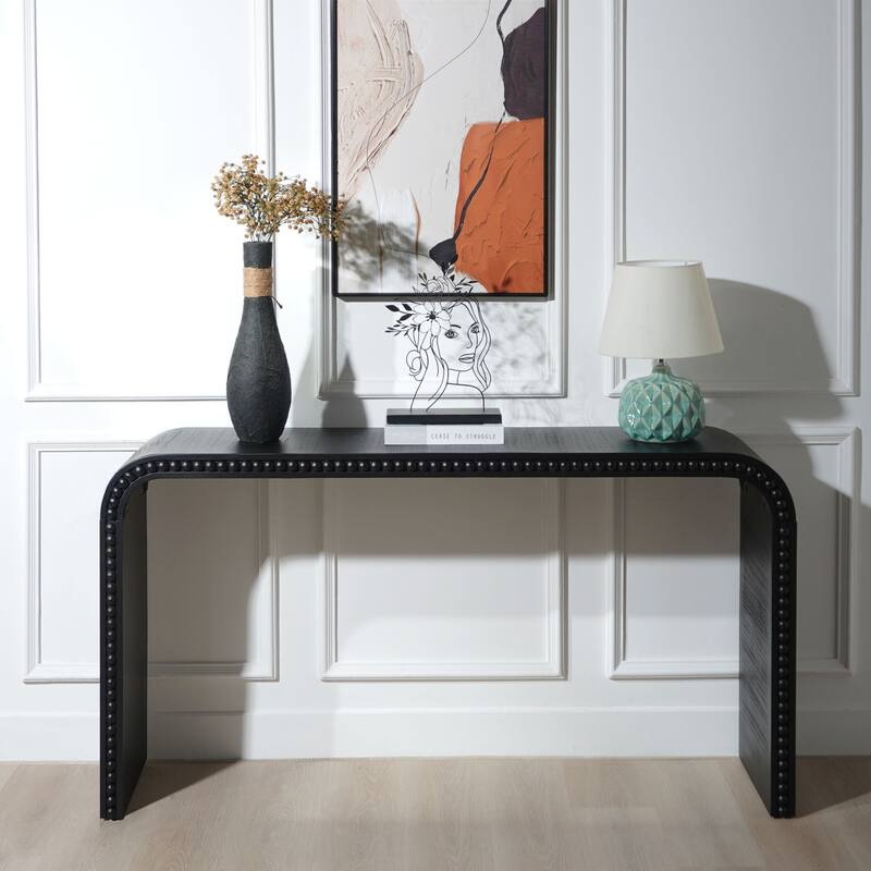 Modern Curved Waterfall Style Console Table with Wood Beaded Trim, for Entryway, Hallway, Living Room Foyer, Corridor - Black