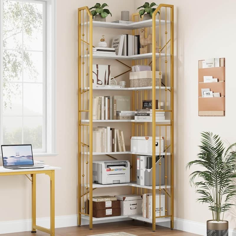 86" 7 Tier Industrial Corner Bookshelf, L-Shaped Bookcase - N/A - White