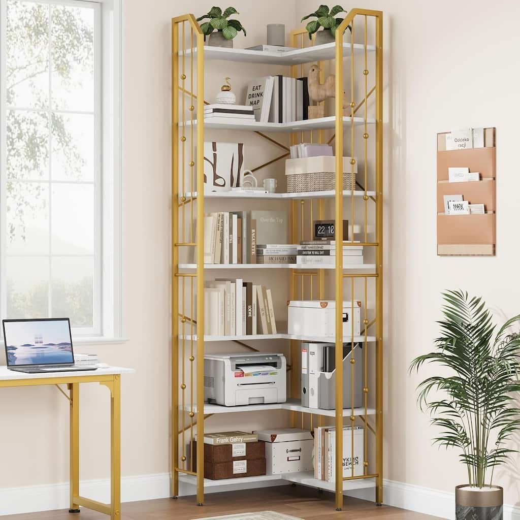 86" 7 Tier Industrial Corner Bookshelf, L-Shaped Bookcase - N/A