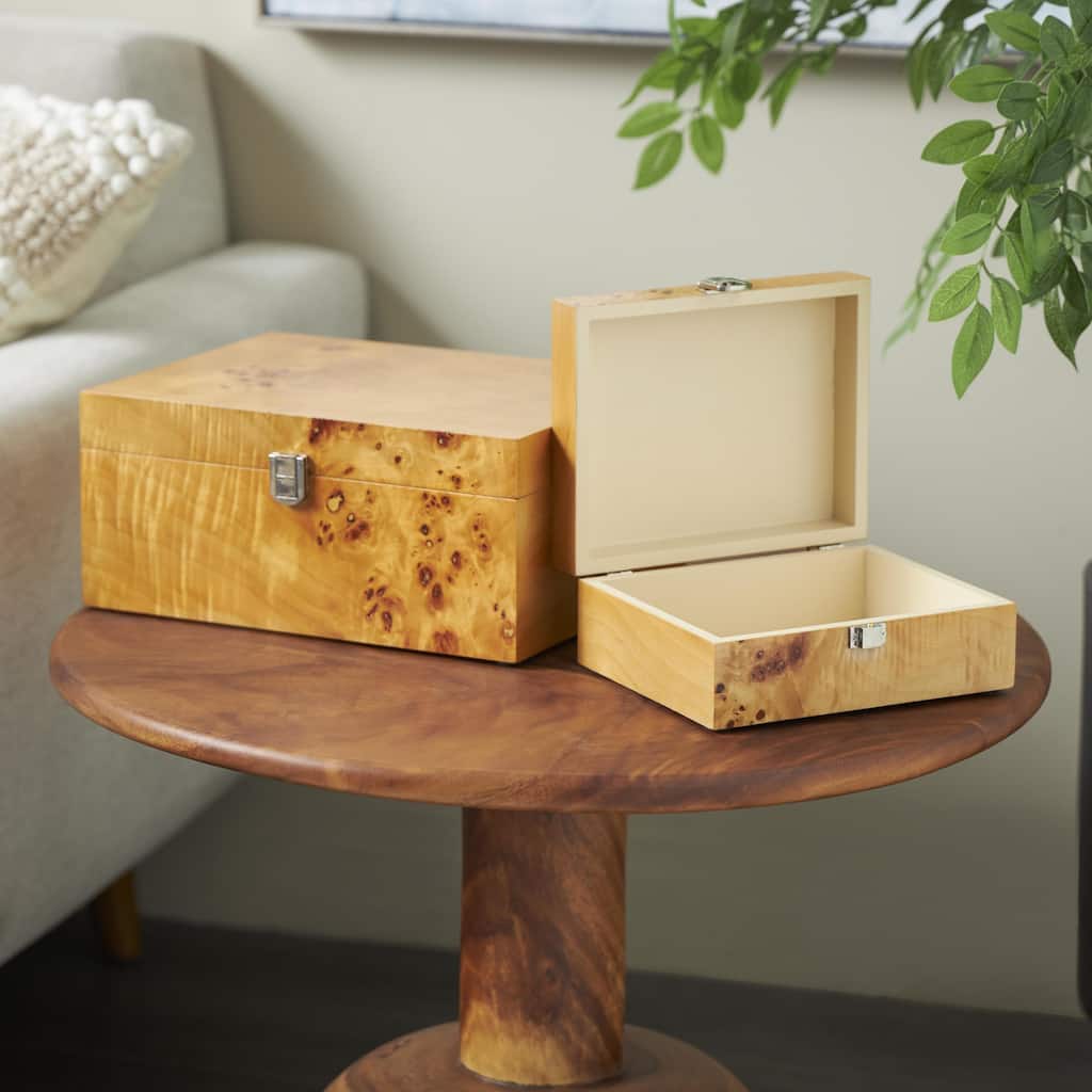 Brown Wood Storage Decorative Box with Natural Wood Grains and Silver Latches (Set of 2) - 9"W x 12"L x 5"H