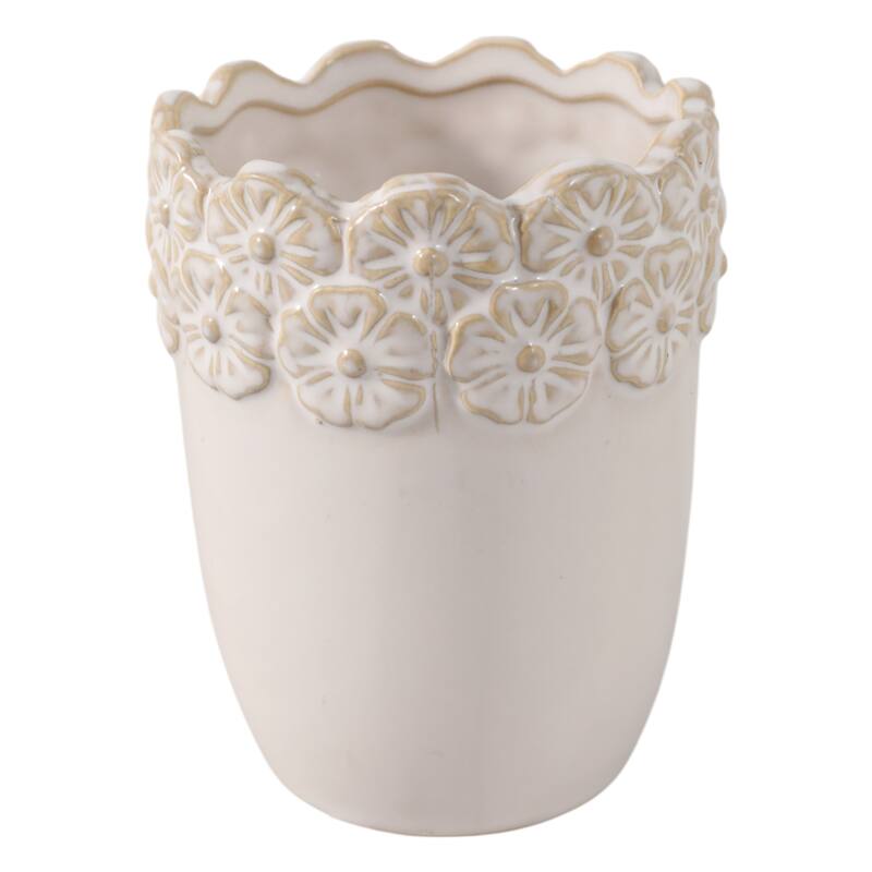 Ceramic Decorative Storage Container Ornate Embossed Floral Rim - 3.25" x 3.25" x 4.25"