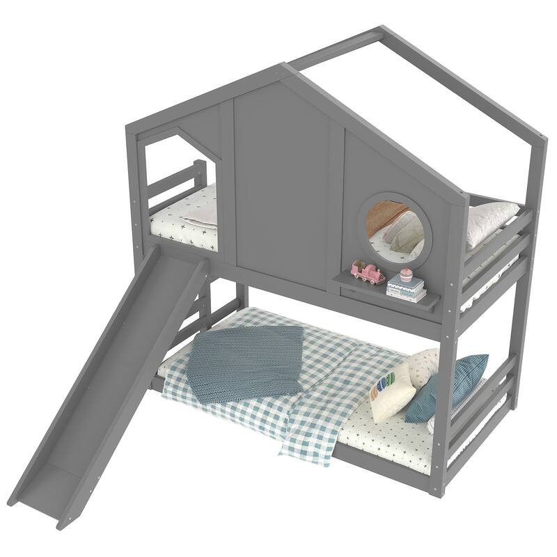 Roomfitters Twin House Bunk Bed with Slide and Storage Shelves, Solid Wood Frame with Window
