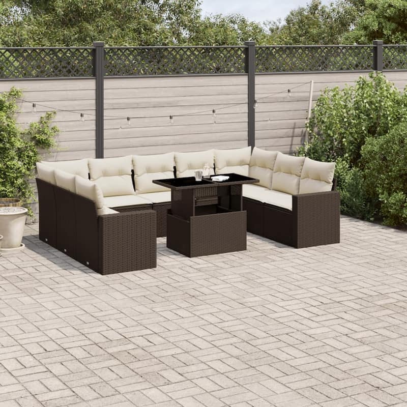 vidaXL Patio Sofa Set with Cushions Outdoor Furniture 10 Piece Poly Rattan - Brown and Cream-without storage - 21.7 x 39.4 x 27.2