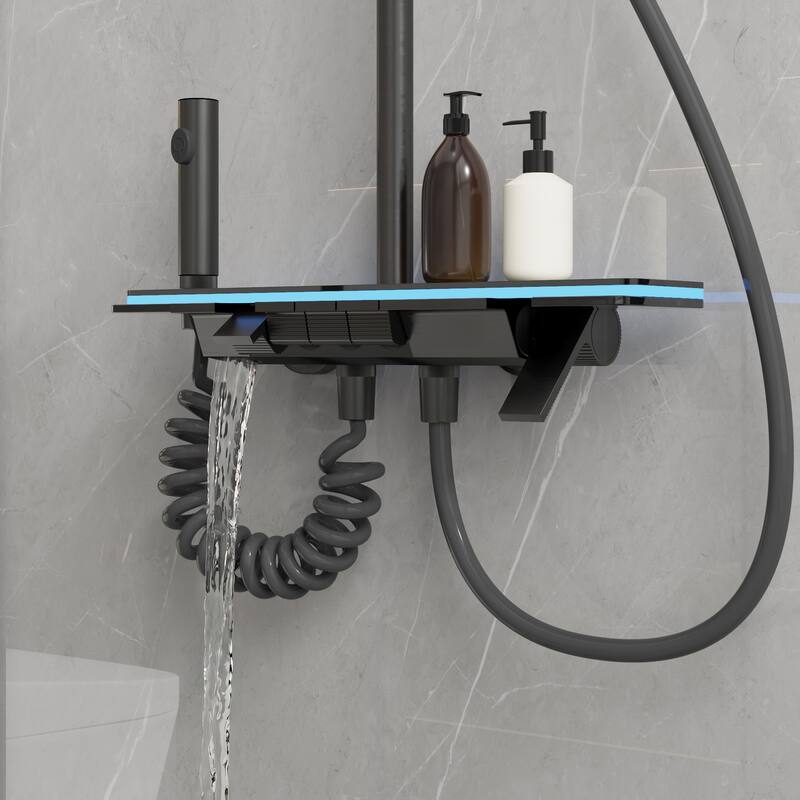 4-In-1 Rainfall Shower System with LED Temperature Display, Gunmetal Gray Shower Faucet Set with Handheld Shower, Spray Gun