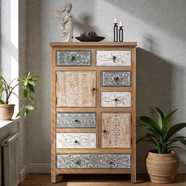 slide 2 of 6, Vintage Tall Wooden Accent Cabinet with 6 Drawers and 2 Doors, Rustic Multicolor Carved Storage Chest for Living Room Colorful