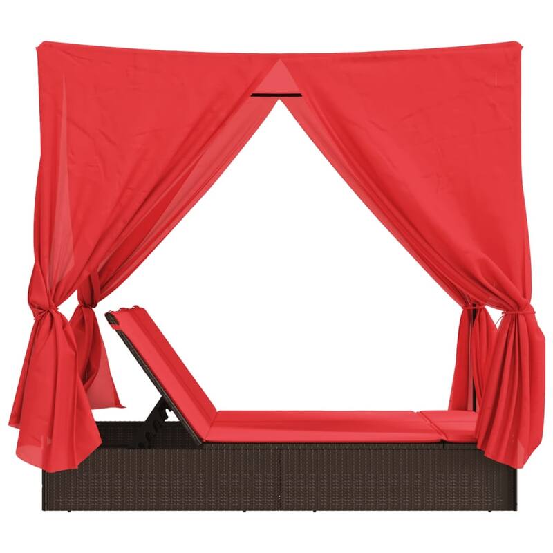 vidaXL Double Sun Lounger with Roof and Curtains Brown/Gray/Black Poly Rattan - 78.7" x 44.9" x 77.2"