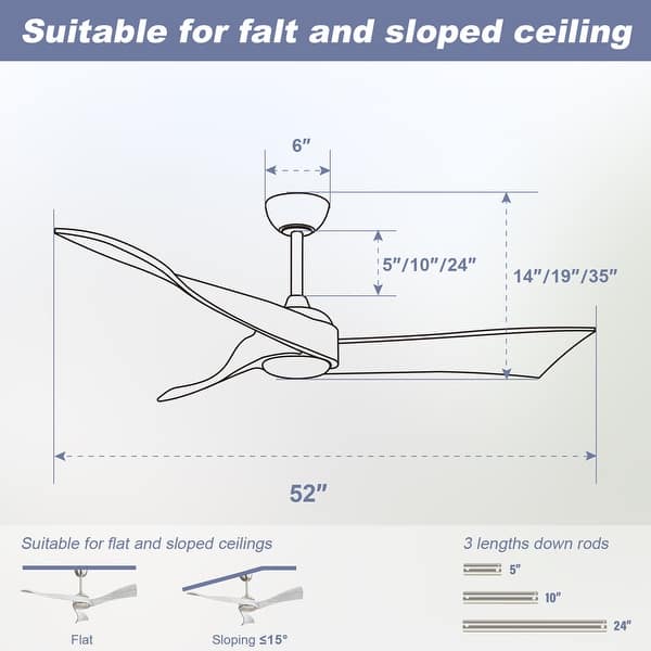 dimension image slide 8 of 13, Sofucor 52''/60" Large Ceiling Fan without Lights, Remote Control and Reversible Motor Included, Smart Optinal