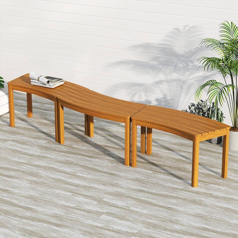 Gymax Outdoor Curved Acacia Wood Bench Set of 4 Patio Garden Backless