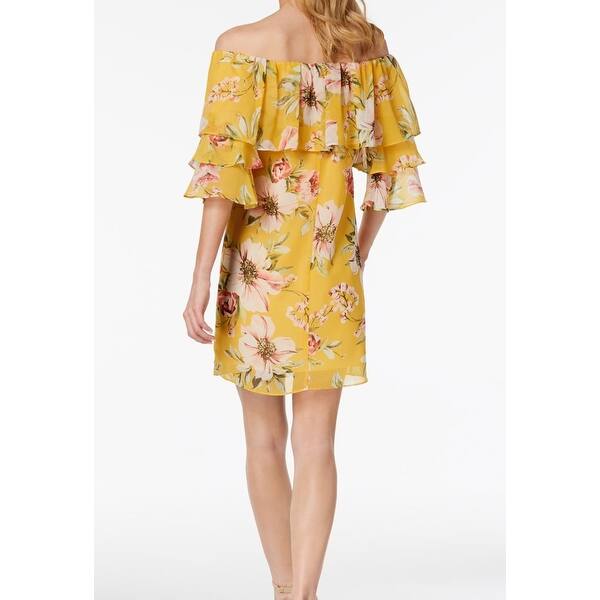 Shop Vince Camuto Yellow Floral Print Chiffon Flounce 4 Shift
