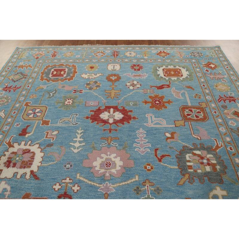 Blue Floral Oushak Area Rug Handmade Wool Carpet - 8'10"x 11'10"