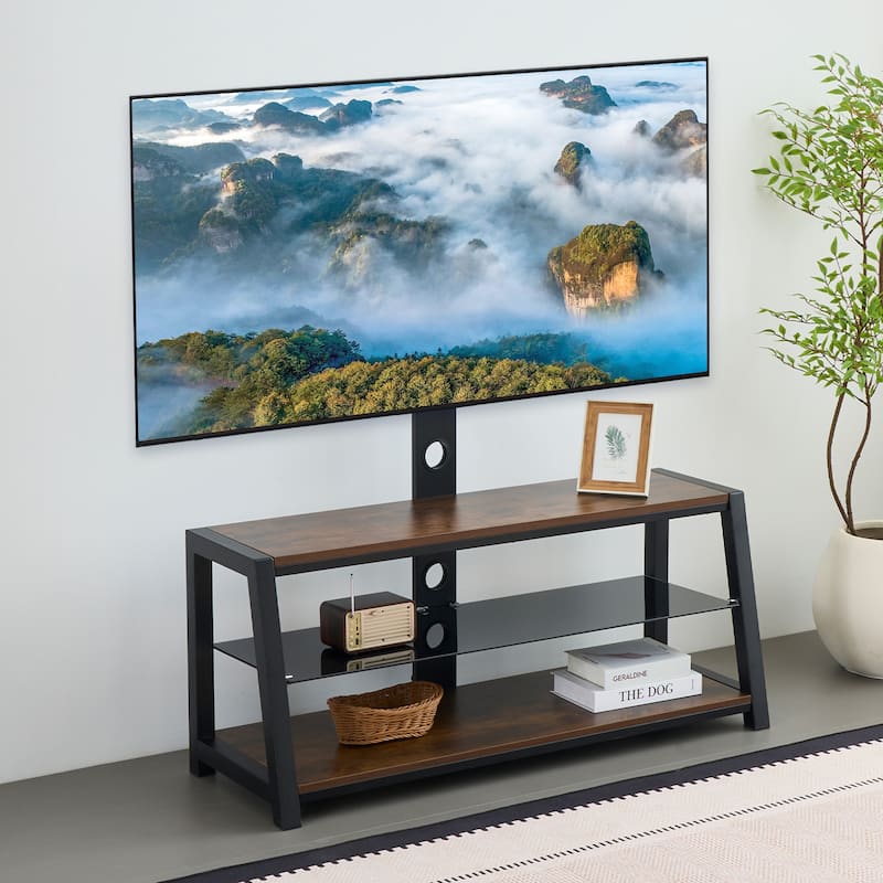 Swivel TV Stand with Glass Shelves, Entertainment Center Media Console with Adjustable Height & Charging Station - Acacia Wood