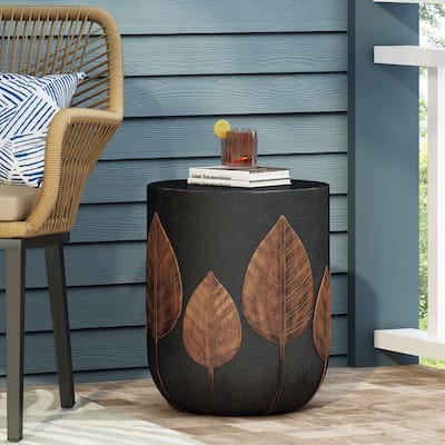 Roomfitters Outdoor Lightweight Side Table, Modern Cylinder Accent Table with Copper Leaf Design for Patio