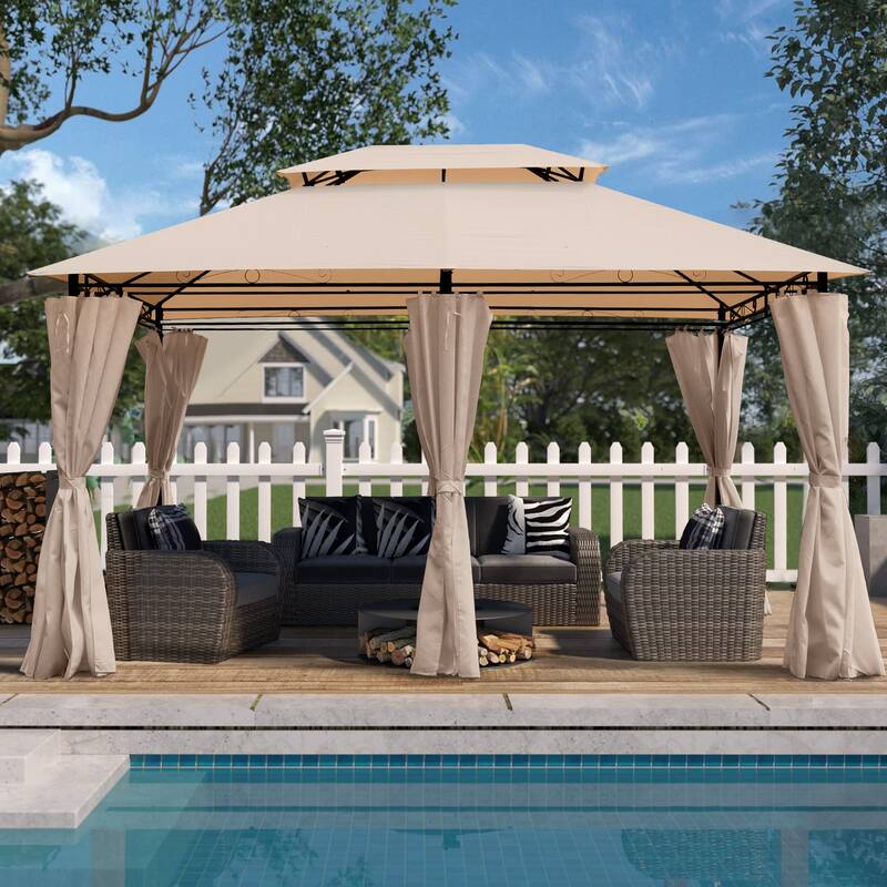 13 x 10 Outdoor Gazebo Canopy Tent With Ventilated Double Roof And Mosquito net for Lawn(Detachable Mesh Screen On All Sides) - khaki