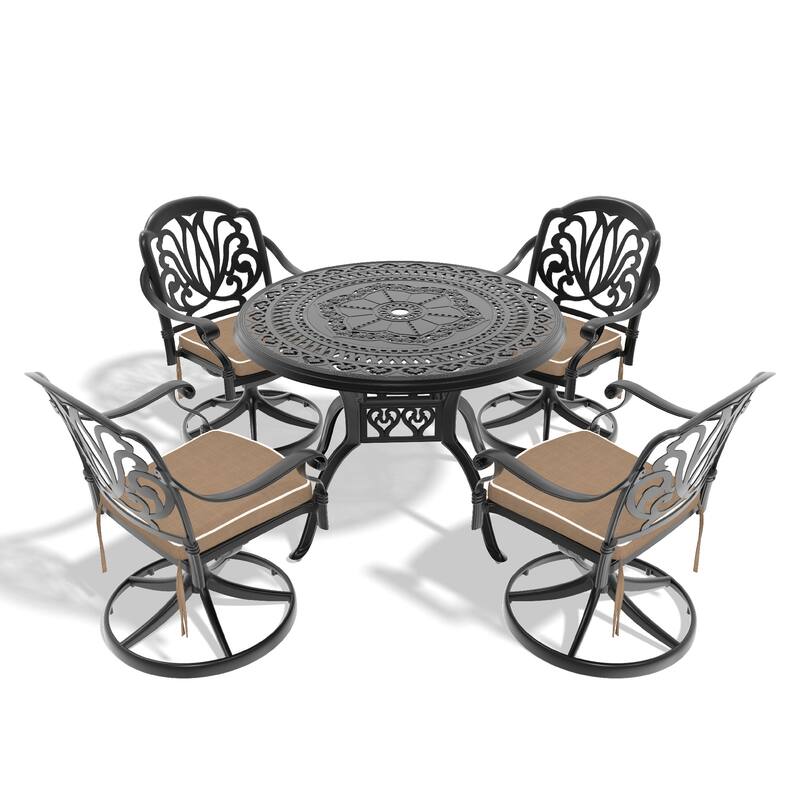 5-Pcs Outdoor Patio Dining Set,All-Weather Cast Aluminum Furniture Set with 4 Swivel Chairs and Round Table with Umbrella Hole