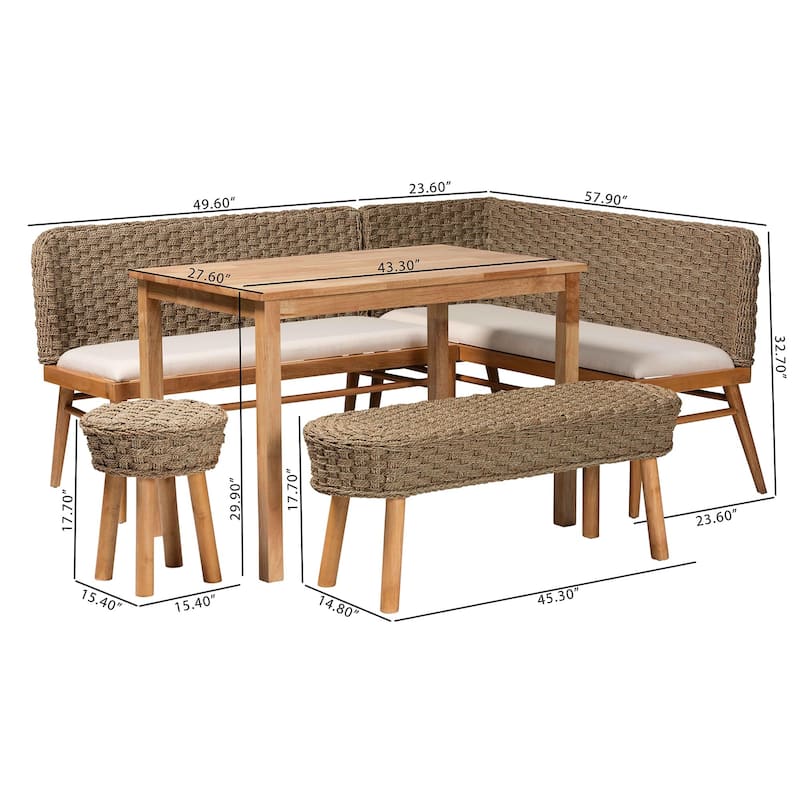 Denver Modern Bohemian Natural Seagrass and Acacia Wood Dining Nook Set