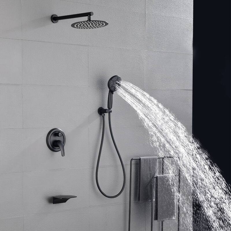 Wall Mount Tub Shower Faucet With Hand Shower Rainfall Shower System Set With Tub Spout Pressure Balance 10 Inch Shower Head Set