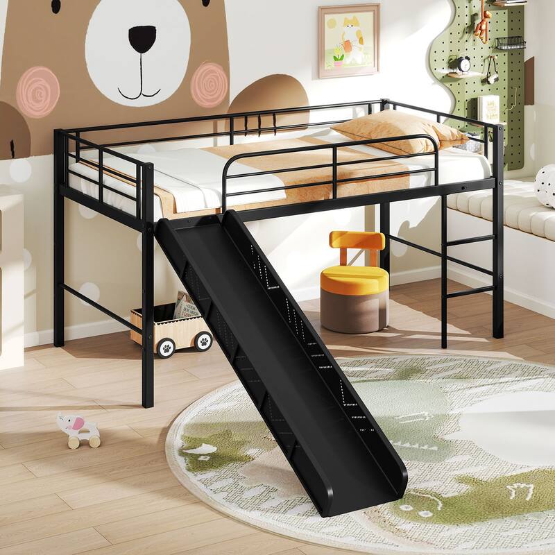 Gymax Twin Metal Loft Bed with Slide Guardrails Built-in Ladder Low