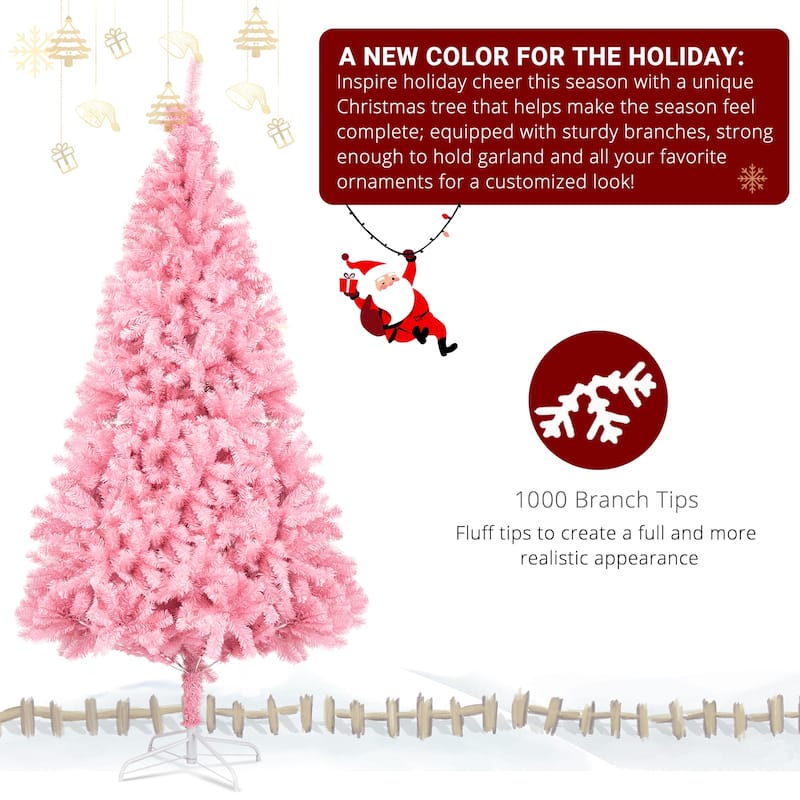 6 Foot Pink Artificial Christmas Tree with 1000 PVC Tips and Durable Metal Tree Stand Included - 6-Feet
