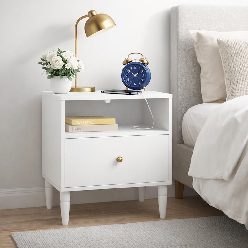 Modern Nightstand with Drawer and Open Shelf, Bedside Table with Gold Knob, Solid Wood Legs, Small End Table for Bedroom - White