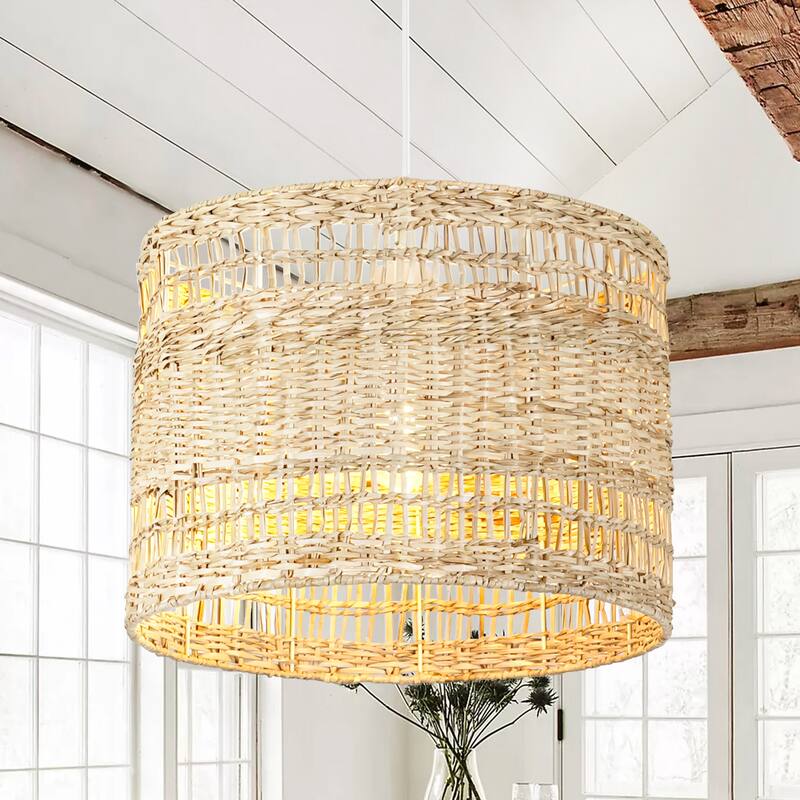 1-Light Boho Coastal Cylindrical Drum Woven Pendant Light with Matte White Finish and Herbaceous Rattan Shade