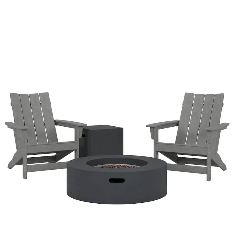 Encino Resin Outdoor Adirondack Chairs and 50,000 BTU Circular Propane Fire Pit by Christopher Knight Home
