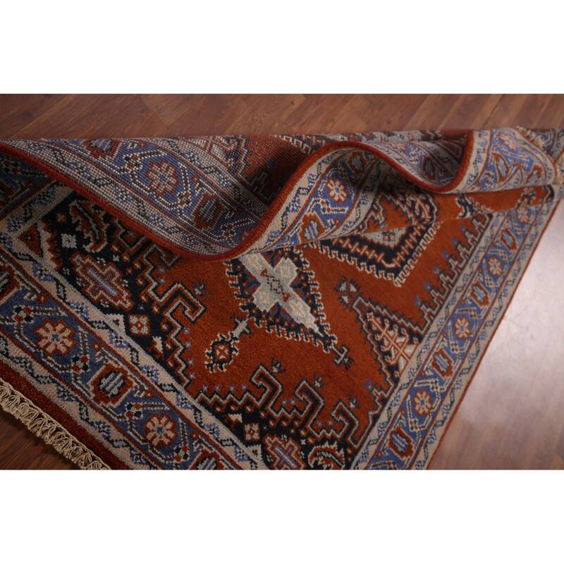 Orange Geometric Viss Indian Area Rug Hand-Knotted Wool Carpet - 4'0"x 6'3"
