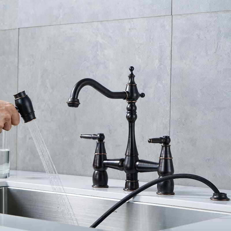 WOWOW 4 Hole Double Handle Bridge Kitchen Faucet with Side Sprayer
