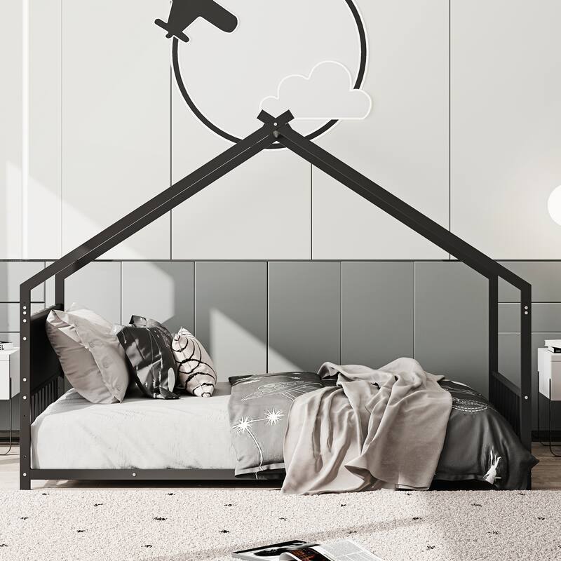 Twin Size House Bed with Roof and Colorful Lights - Black