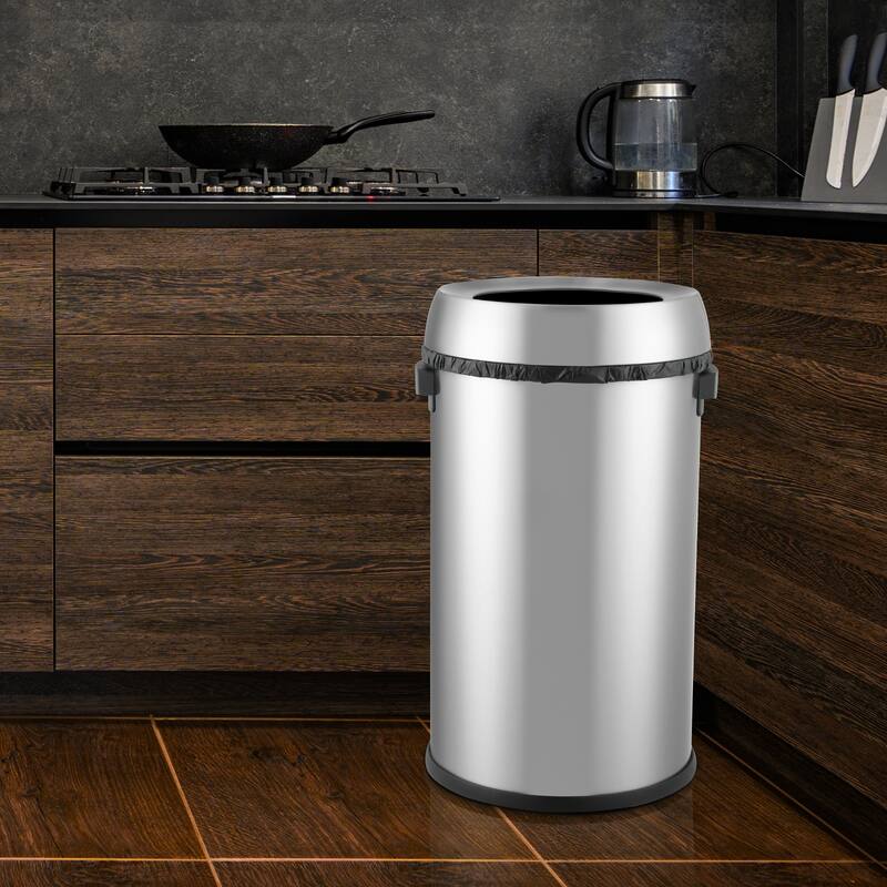 65L/17 Gallon Open Top Trash Can Brushed Stainless Steel For Outdoor Kitchen Waste Bins Home House Family - Silver