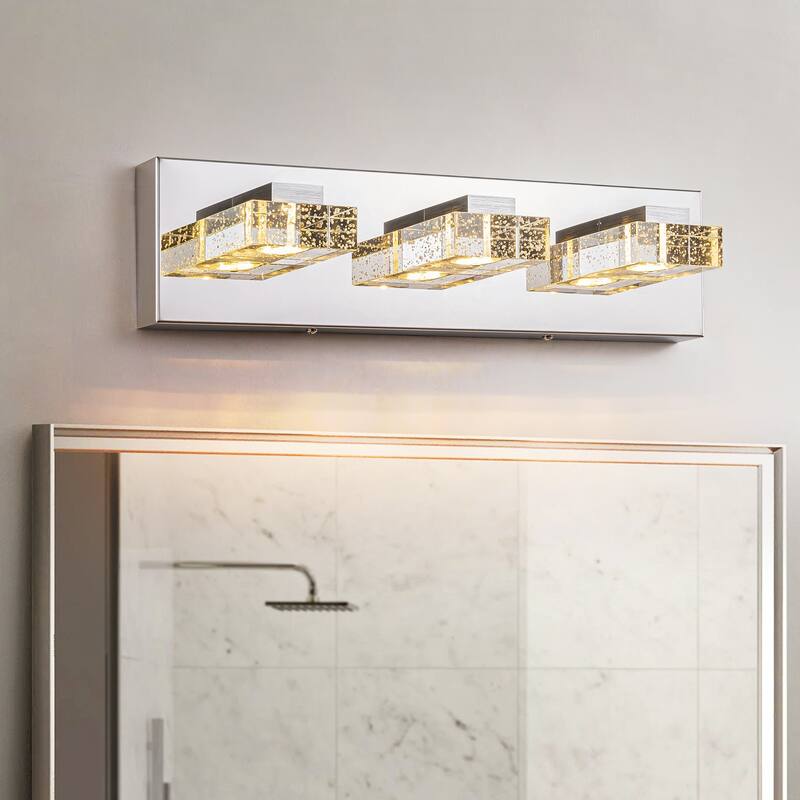 3-Light Modern Chrome Crystal Wall Light Square Integrated LED 3000K Bathroom Vanity Light - Bubble Crystal