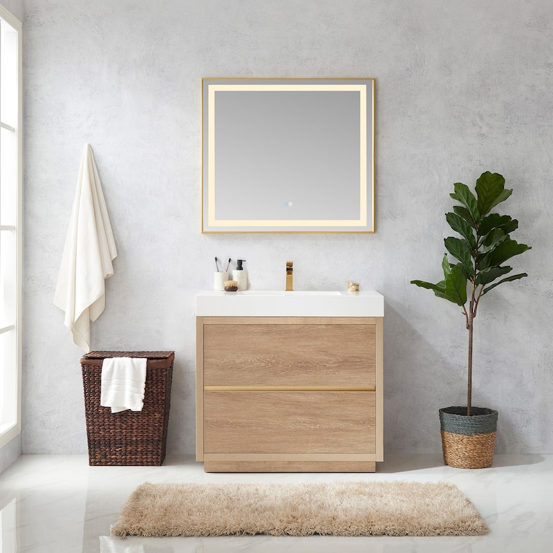 Huesca 36" Single Sink Bath Vanity with White Sink Top, no Mirror - Wood Finish - Beige - Single Vanities