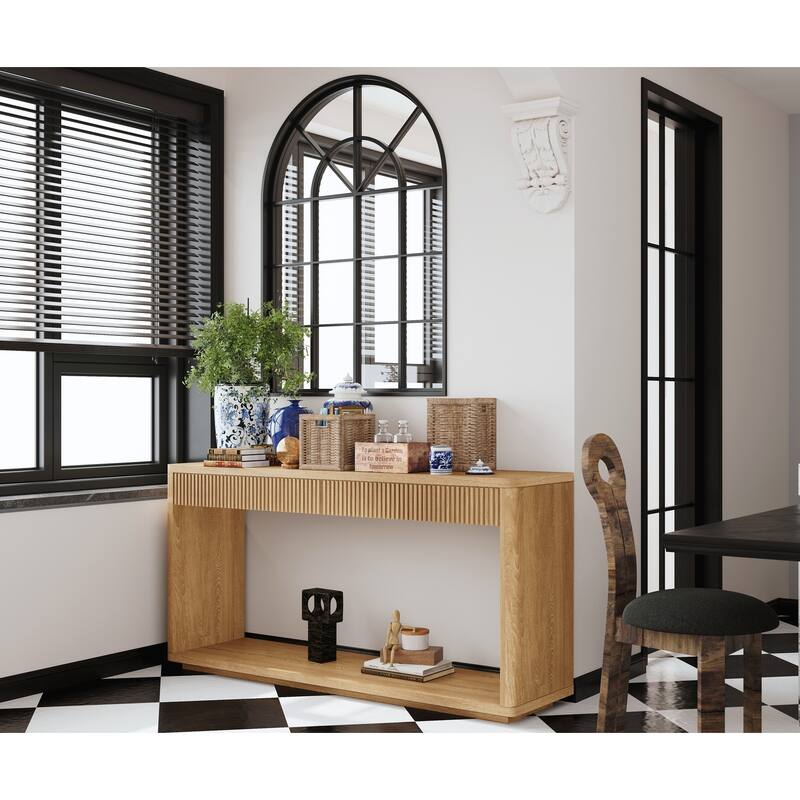 60" Modern 2-Drawer Fluted Console Table Natural Wood Veneer Sofa Table Behind Couch Table for Living Room, Hallway, Entryway